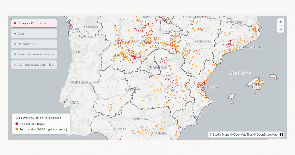 Mapa de España con niveles de nitratos en el agua potable por municipio